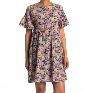 FLORAL BABY DOLL DRESS PINK/YELLOW SIZE XS